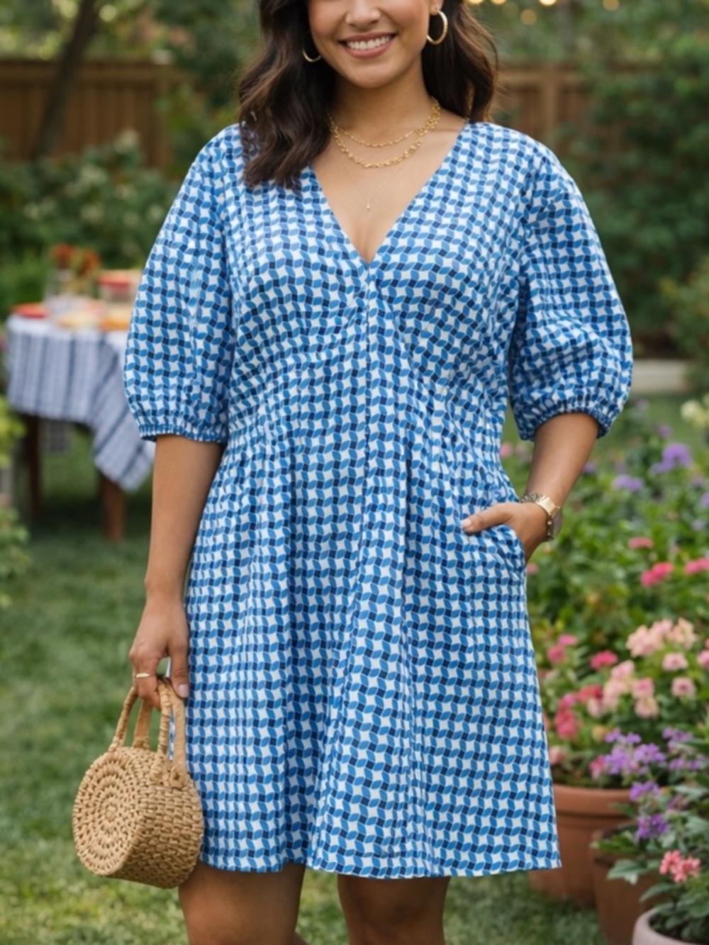 Boden Blue Geometric Print Cotton Dress Shift Knee Length Pockets size 16-18